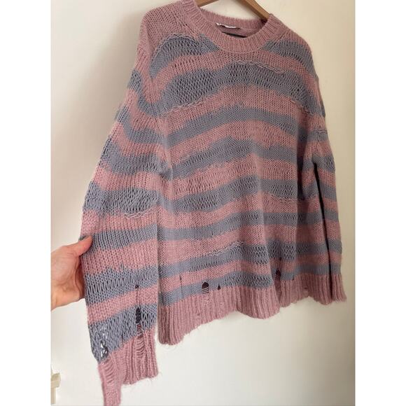Acne Studios Distressed Striped Mohair Blend Sweater - Pink & Gray, Size L - Picture 5 of 8